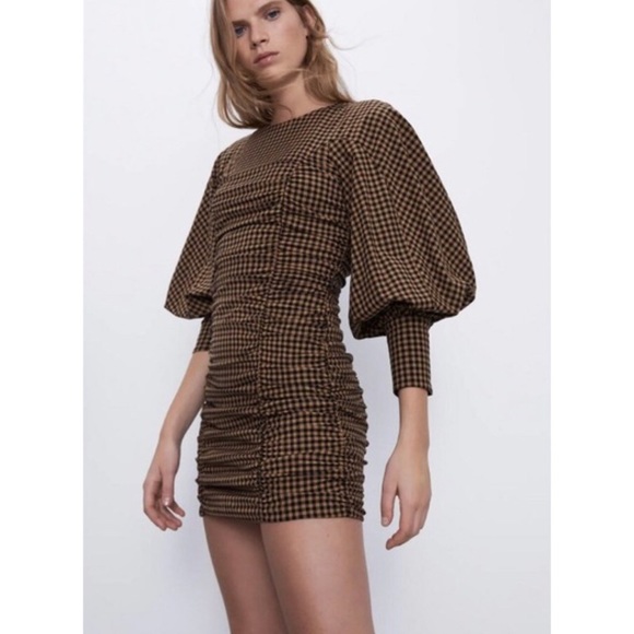 Zara Bloggers Fave Check Draped Balloon Sleeve Mini Dress M - Picture 3 of 9